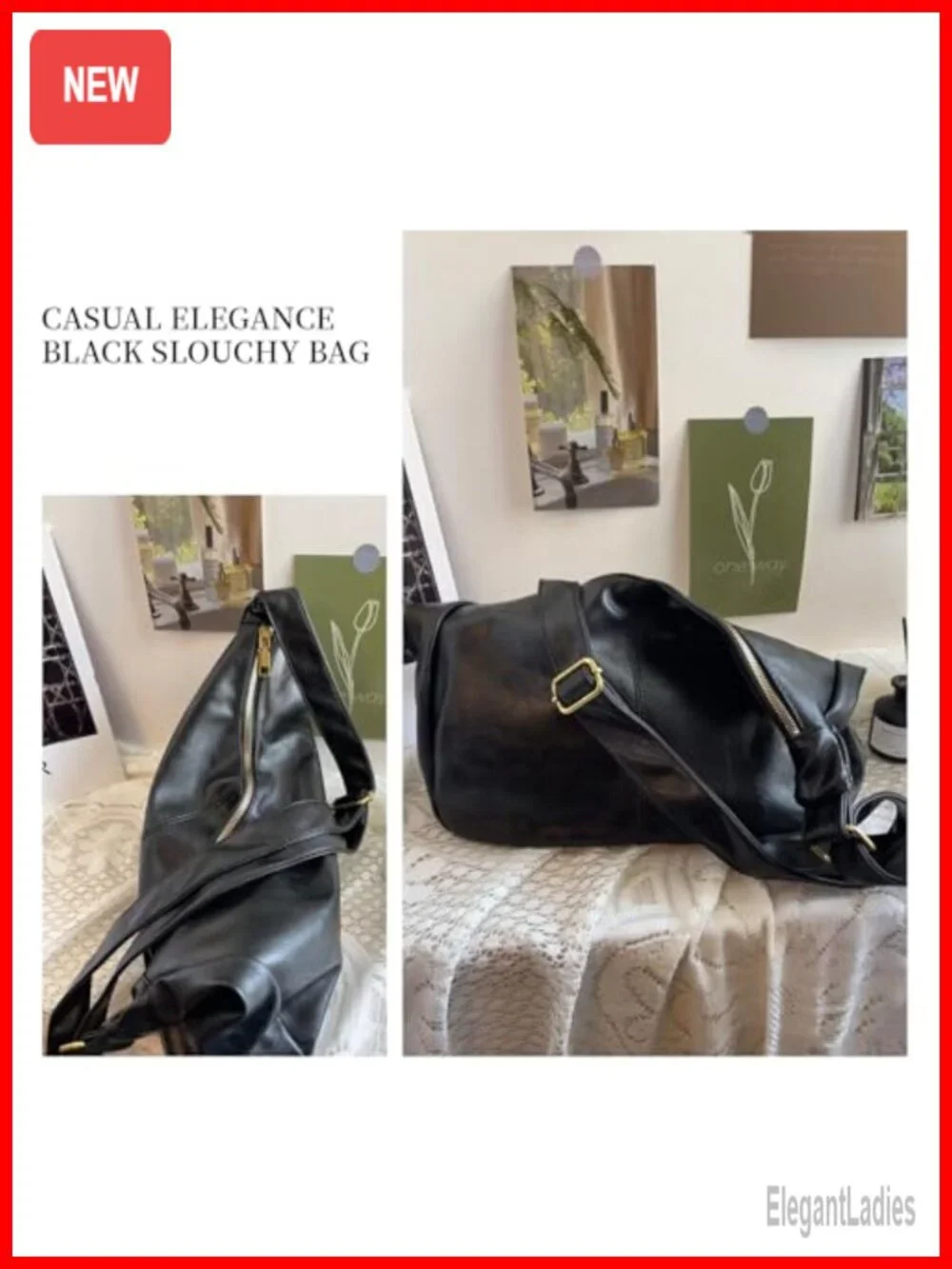 Faux Leather Hobo Bag Slouchy Tote Crossbody Shoulder Purse